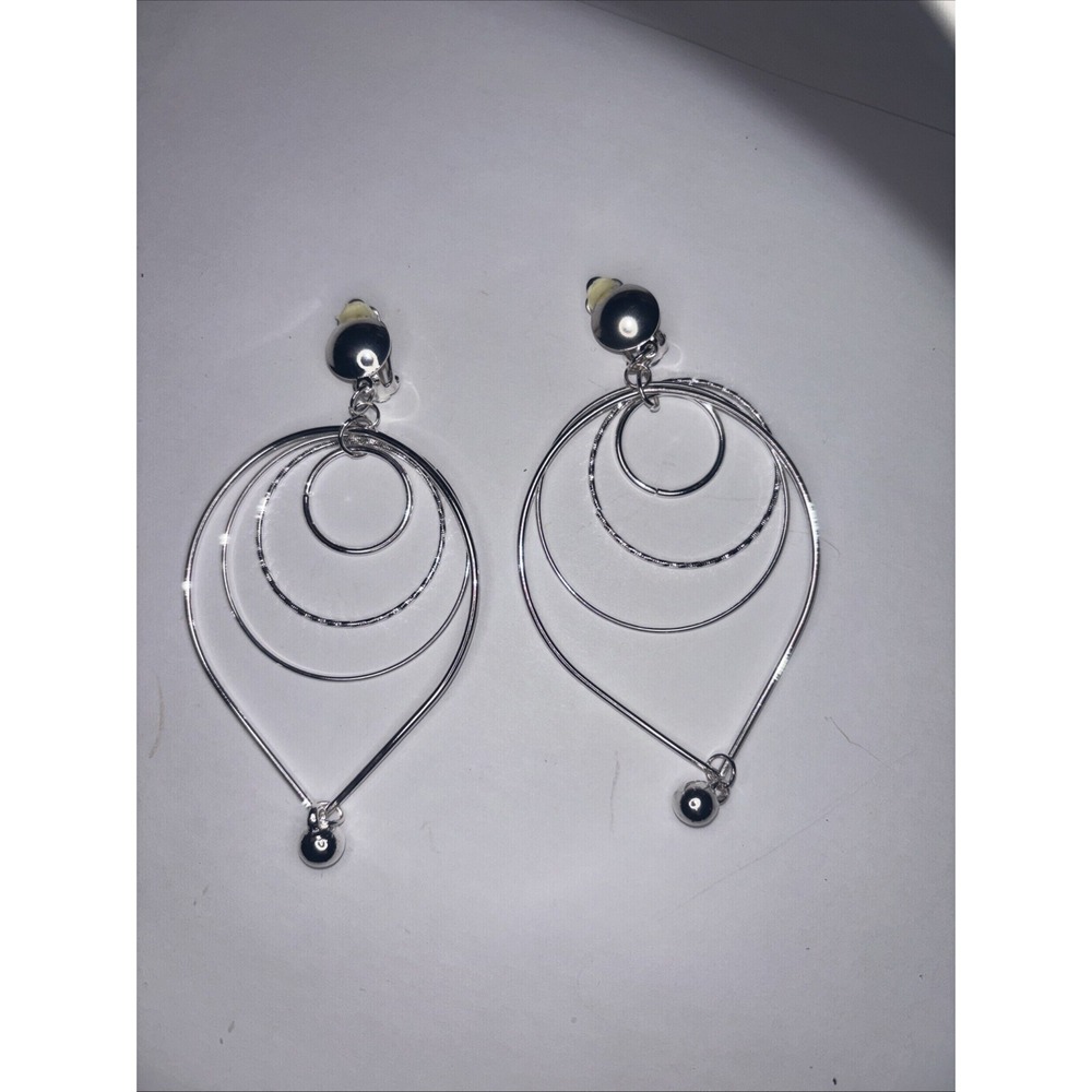 Vintage Multi Hoop Silver Tone Large Dangle Clip On Earrings